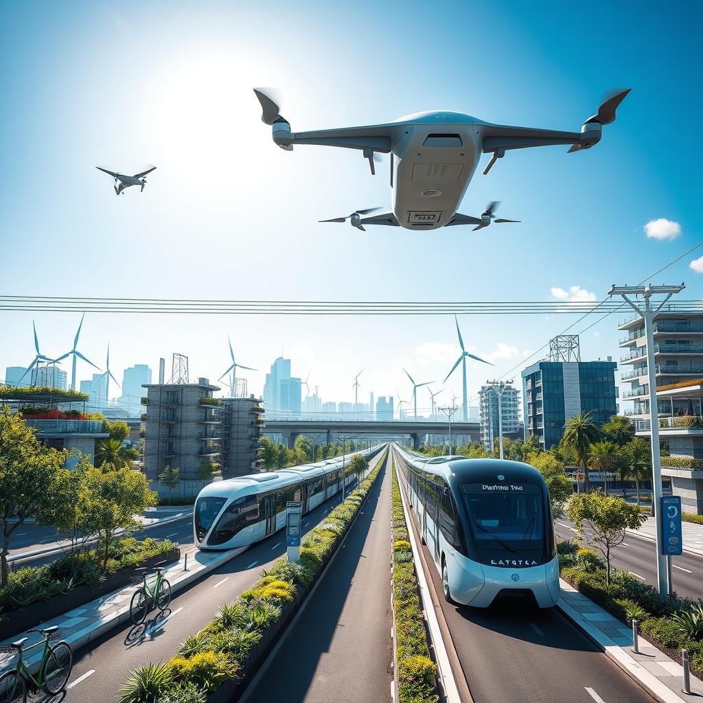 A futuristic cityscape showcasing innovative eco-friendly transportation solutions. In the foreground, a sleek electric bus designed with organic curves complements bicycle lanes integrated with greenery and solar panels. In the middle ground, a high-speed rail line glides above, connecting buildings adorned with vertical gardens. Advanced drones hover above, transporting goods efficiently. In the background, the skyline is dotted with wind turbines and electric charging stations, all under a bright, clear blue sky with sunlight casting soft shadows. The scene conveys a sense of harmony between nature and technology, evoking a hopeful and sustainable future for urban mobility. The image should be well-lit, captured at a slight angle to enhance depth. A futuristic cityscape showcasing innovative eco-friendly transportation solutions. In the foreground, a sleek electric bus designed with organic curves complements bicycle lanes integrated with greenery and solar panels. In the middle ground, a high-speed rail line glides above, connecting buildings adorned with vertical gardens. Advanced drones hover above, transporting goods efficiently. In the background, the skyline is dotted with wind turbines and electric charging stations, all under a bright, clear blue sky with sunlight casting soft shadows. The scene conveys a sense of harmony between nature and technology, evoking a hopeful and sustainable future for urban mobility. The image should be well-lit, captured at a slight angle to enhance depth.