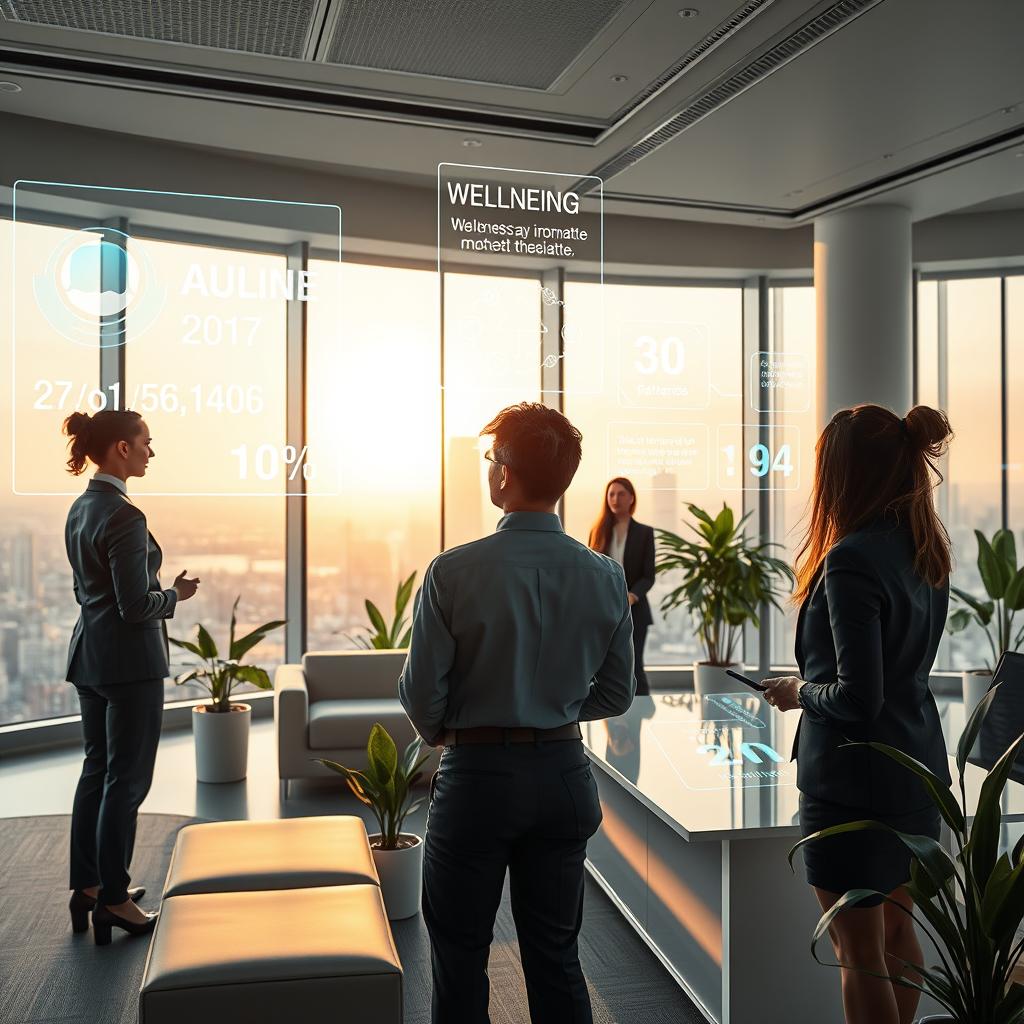 A futuristic workspace depicting the concept of "Futur Developpements youfeel". In the foreground, a diverse group of professionals dressed in smart business attire engage with advanced digital tools that promote well-being and mental health. They are interacting with holographic screens showcasing calming visuals, wellness statistics, and inspiring quotes. In the middle ground, sleek, modern office furniture complements the high-tech environment, with plants adding a touch of nature. The background features large windows overlooking a serene cityscape bathed in soft, warm light, creating an inviting atmosphere. The scene is shot with a wide-angle lens to emphasize the spaciousness and innovation of the space, conveying a mood of optimism and forward-thinking.