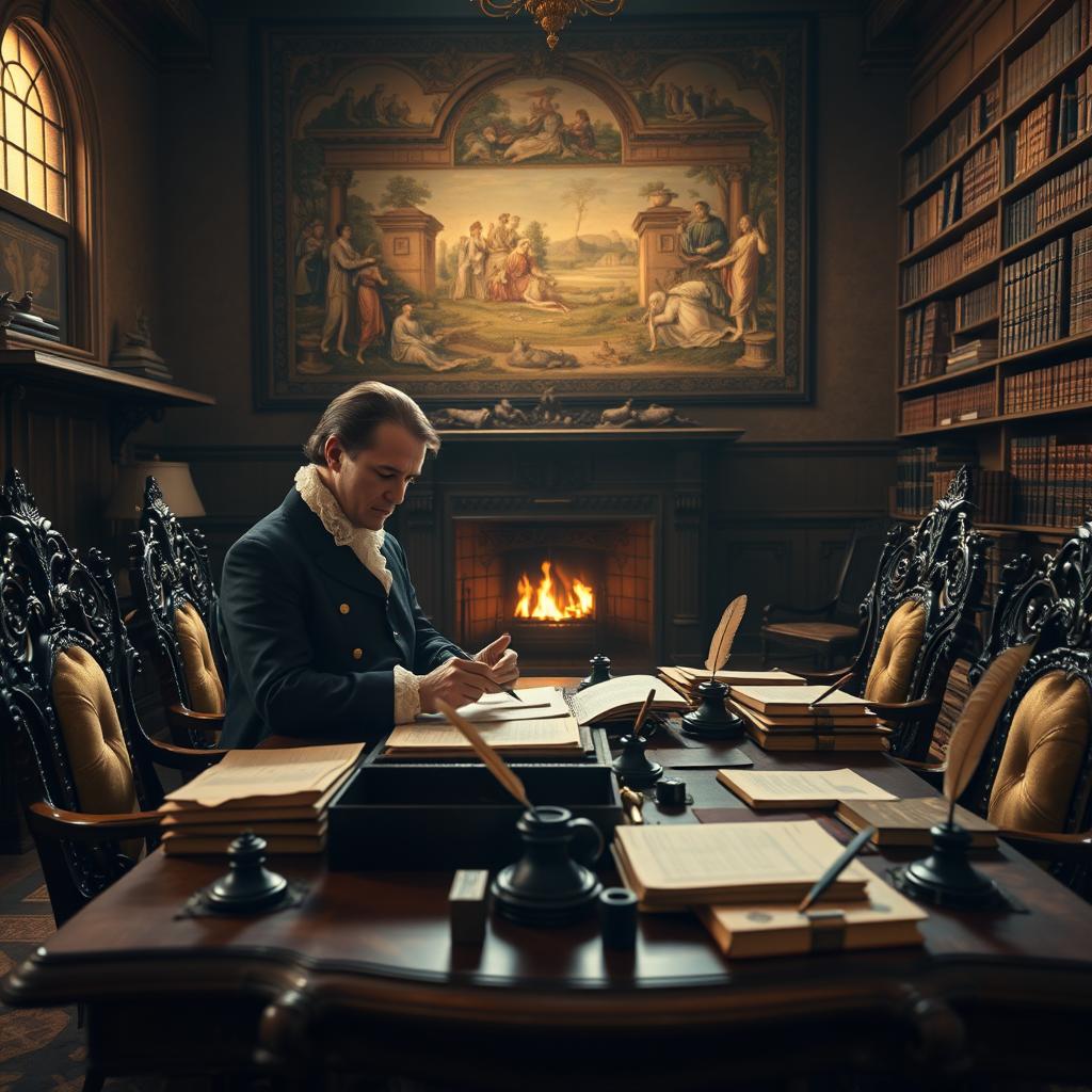 A lavish 1640s nobleman's study, featuring an ornate wooden desk cluttered with financial ledgers, quill pens, and ink pots in an opulent setting. In the foreground, a distinguished gentleman dressed in period-appropriate, professional attire examines a ledger, portraying an air of concern and responsibility. Richly upholstered chairs with intricate carvings frame the scene, while an exquisite tapestry depicting scenes of wealth adorns the back wall. Soft golden light filters through a large window, casting warm shadows and creating an atmosphere of both privilege and anxiety. The middle ground reveals a grand fireplace with flickering flames, while shelves filled with leather-bound books provide a scholarly backdrop. Overall, the image conveys a somber yet elegant mood, emphasizing the financial management of the nobility in the 17th century.