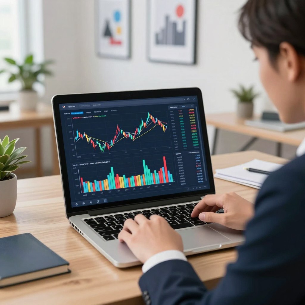 A modern digital workspace scene depicting an online investment simulator interface on a sleek laptop. In the foreground, a professional individual in business attire is attentively analyzing graphs and data, with a focused expression. In the middle, the laptop screen displays colorful charts representing stock market fluctuations and simulated investments, emphasizing common pitfalls like poor decision-making. The background features a well-organized office with soft lighting, a potted plant, and motivational business artwork on the walls. The overall atmosphere is one of caution and education, highlighting the importance of avoiding common errors in online investment simulations. The composition is bright and engaging, capturing attention without any text or distractions. A modern digital workspace scene depicting an online investment simulator interface on a sleek laptop. In the foreground, a professional individual in business attire is attentively analyzing graphs and data, with a focused expression. In the middle, the laptop screen displays colorful charts representing stock market fluctuations and simulated investments, emphasizing common pitfalls like poor decision-making. The background features a well-organized office with soft lighting, a potted plant, and motivational business artwork on the walls. The overall atmosphere is one of caution and education, highlighting the importance of avoiding common errors in online investment simulations. The composition is bright and engaging, capturing attention without any text or distractions.