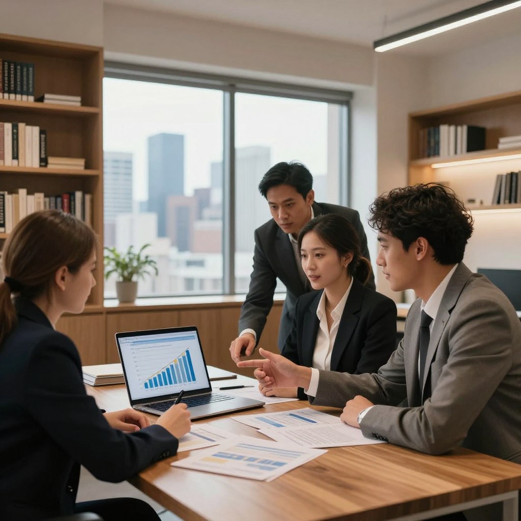 A modern, inviting office space dedicated to real estate investment, featuring a sleek wooden desk with financial documents and a laptop displaying graphs of rental income. In the foreground, a diverse group of three professionals, two men and one woman, all in smart business attire, are actively discussing strategies, pointing at the laptop screen. The middle ground showcases a large window with a view of a bustling city skyline, signifying future opportunities. In the background, shelves filled with books on real estate and investment adorn the walls, while soft, warm lighting creates a collaborative and optimistic atmosphere. The scene conveys a sense of forward-thinking and success in turnkey rental investments.