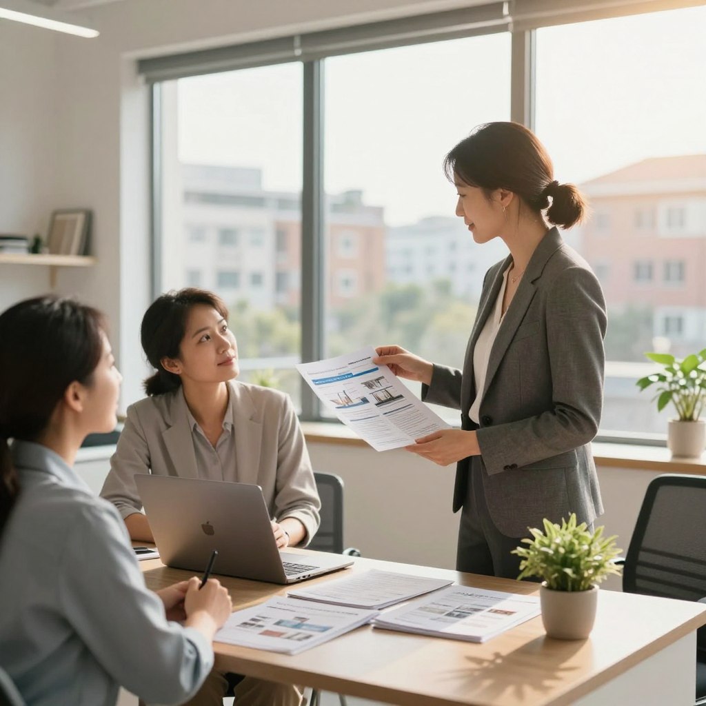 A modern, inviting real estate office interior showcasing a successful rental investment project. In the foreground, a well-dressed businesswoman presents a detailed property portfolio to a couple, who listen attentively, exuding optimism. In the middle ground, a stylish desk adorned with a laptop, property brochures, and a small potted plant draws attention. The background features large windows allowing warm, natural light to flood the space, with cityscape views of residential buildings highlighting active investment opportunities. The atmosphere is professional yet welcoming, emphasizing ambition and success in real estate investment. Capture this scene with a soft-focus lens effect, sunny lighting, and a slight tilt to provide a dynamic perspective.