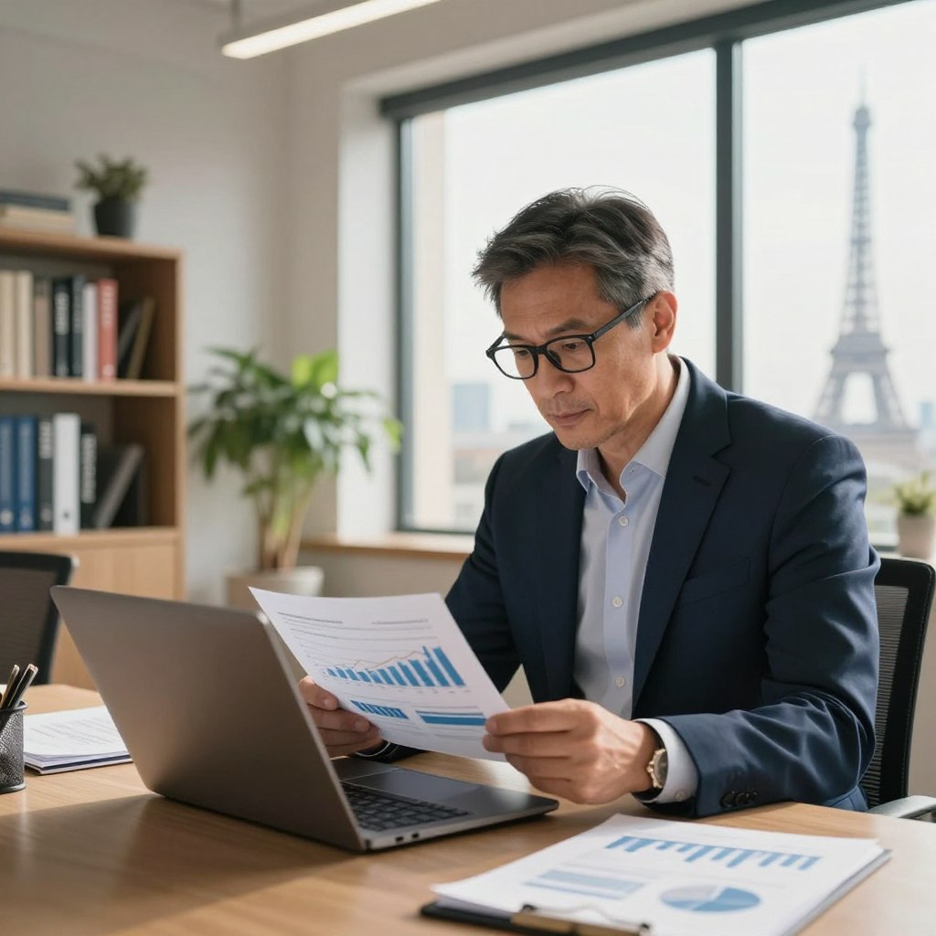 A modern office environment featuring a financial consultant analyzing investment reports. In the foreground, a middle-aged professional man in a tailored navy suit examines graphs and charts on a sleek laptop, with focused expression and reading glasses. The middle layer includes a large window displaying the Paris skyline, with soft daylight streaming in. In the background, shelves filled with financial books and a potted plant add a touch of professionalism to the room. The atmosphere is serious yet optimistic, embodying the essence of financial investment advice. Use warm, natural lighting to enhance the mood, and choose a slightly elevated angle, focusing on the consultant’s engagement with the data. A modern office environment featuring a financial consultant analyzing investment reports. In the foreground, a middle-aged professional man in a tailored navy suit examines graphs and charts on a sleek laptop, with focused expression and reading glasses. The middle layer includes a large window displaying the Paris skyline, with soft daylight streaming in. In the background, shelves filled with financial books and a potted plant add a touch of professionalism to the room. The atmosphere is serious yet optimistic, embodying the essence of financial investment advice. Use warm, natural lighting to enhance the mood, and choose a slightly elevated angle, focusing on the consultant’s engagement with the data.
