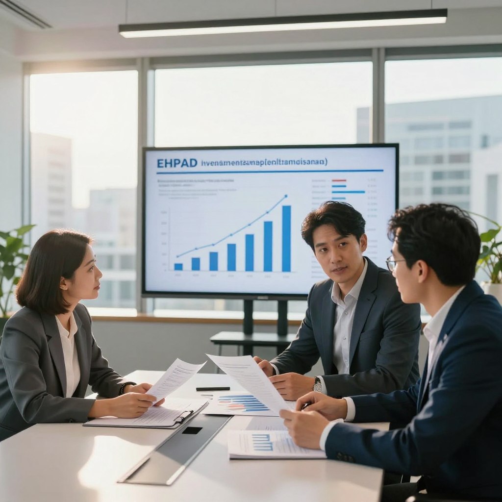 A modern office environment focused on investment in EHPAD (Etablissement d'Hébergement pour Personnes Âgées Dépendantes) facilities. In the foreground, a diverse group of three professionals, two men and one woman, are engaged in discussion, analyzing documents and financial reports on a sleek conference table. They are dressed in smart business attire, conveying a sense of seriousness and professionalism. The middle layer features a large digital screen displaying graphs and charts related to investment performance. The background showcases large windows with sunlight streaming in, illuminating a cityscape view, symbolizing growth and opportunity. The overall mood is focused, optimistic, and collaborative, with soft lighting to create a welcoming atmosphere, shot from a slight angle to emphasize depth and engagement.