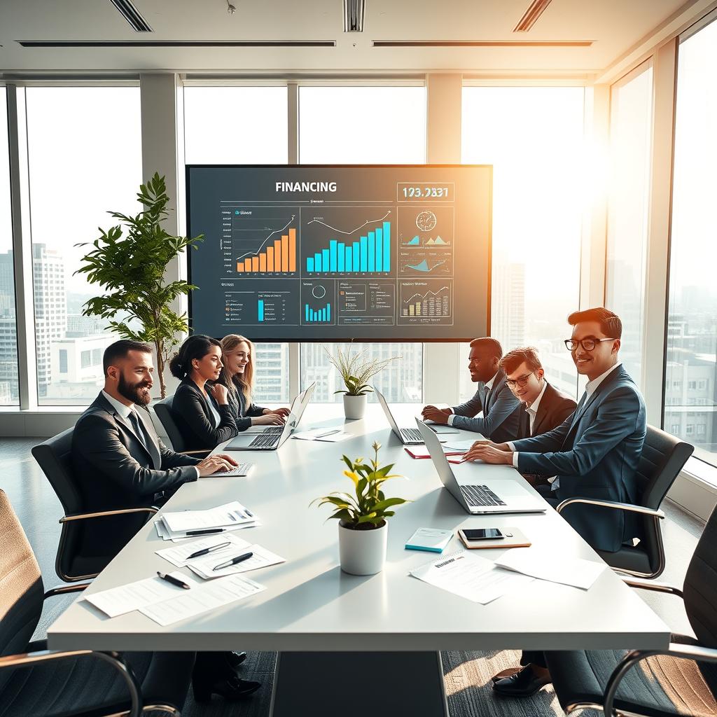 A modern office setting designed to represent alternative financing solutions. In the foreground, a diverse group of professionals in smart business attire is engaged in a brainstorming session around a sleek conference table, with laptops and financial documents scattered about. The middle ground features a large digital screen displaying graphs and innovative concepts related to financing options, while a potted plant adds a touch of vitality. In the background, large windows reveal a cityscape, with sunlight flooding the room, creating a bright and optimistic atmosphere. Use a wide-angle lens to capture the collaborative spirit and innovative energy of the scene. The overall mood should be professional, focused, and forward-thinking, emphasizing a break from traditional financing methods.
