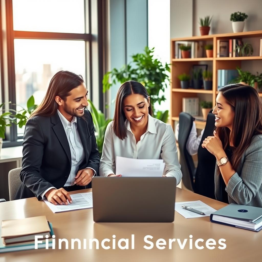 A modern office setting showcasing financial services. In the foreground, a diverse group of three professionals in business attire, engaging in a friendly discussion around a table with financial documents and a laptop open. The middle ground features a large window letting in natural light, providing a view of a bustling cityscape, symbolizing economic activity. In the background, shelves lined with financial books and potted plants create an inviting atmosphere. Soft, warm lighting enhances the mood of collaboration and trust. The image captures a sense of professionalism, support, and client engagement, conveying the theme of personalized financial services without any text or distractions.