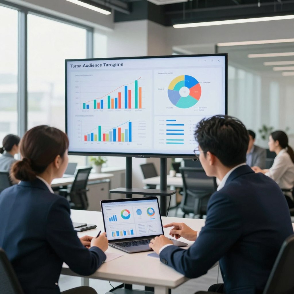 A modern, professional workspace illustrating the concept of audience targeting in advertising. In the foreground, a diverse group of two business professionals, one male and one female, both dressed in smart business attire, are discussing strategies over a laptop displaying analytics data. In the middle ground, a large digital screen showcases colorful graphs and demographic insights, fostering a collaborative atmosphere. The background features a sleek office environment with large windows letting in natural light, enhancing the energetic mood. Use a balanced composition with a slight tilt to create a dynamic perspective. The lighting should be bright and inviting, conveying innovation and focus in the discussion of audience importance. A modern, professional workspace illustrating the concept of audience targeting in advertising. In the foreground, a diverse group of two business professionals, one male and one female, both dressed in smart business attire, are discussing strategies over a laptop displaying analytics data. In the middle ground, a large digital screen showcases colorful graphs and demographic insights, fostering a collaborative atmosphere. The background features a sleek office environment with large windows letting in natural light, enhancing the energetic mood. Use a balanced composition with a slight tilt to create a dynamic perspective. The lighting should be bright and inviting, conveying innovation and focus in the discussion of audience importance.