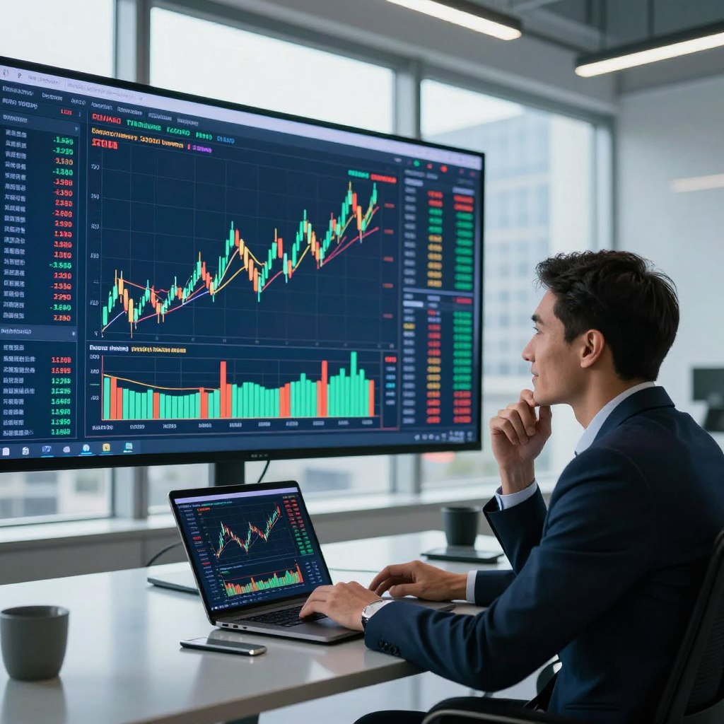 A modern, visually striking scene illustrating a stock market investment simulation. In the foreground, a focused individual in professional business attire is seated at a sleek desk, using a laptop displaying stock charts and graphs, their expression thoughtful yet optimistic. The middle layer consists of a large screen showing dynamic financial data, colorful candlestick charts, and trending stocks. In the background, a stylish, bright office environment with large windows and a cityscape view, accentuated by natural light streaming in, creating an atmosphere of focus and ambition. The color palette is a mix of cool blues and vibrant greens, symbolizing growth and potential, with a dynamic lighting effect that enhances the sense of activity and opportunity in the world of investing. A modern, visually striking scene illustrating a stock market investment simulation. In the foreground, a focused individual in professional business attire is seated at a sleek desk, using a laptop displaying stock charts and graphs, their expression thoughtful yet optimistic. The middle layer consists of a large screen showing dynamic financial data, colorful candlestick charts, and trending stocks. In the background, a stylish, bright office environment with large windows and a cityscape view, accentuated by natural light streaming in, creating an atmosphere of focus and ambition. The color palette is a mix of cool blues and vibrant greens, symbolizing growth and potential, with a dynamic lighting effect that enhances the sense of activity and opportunity in the world of investing.