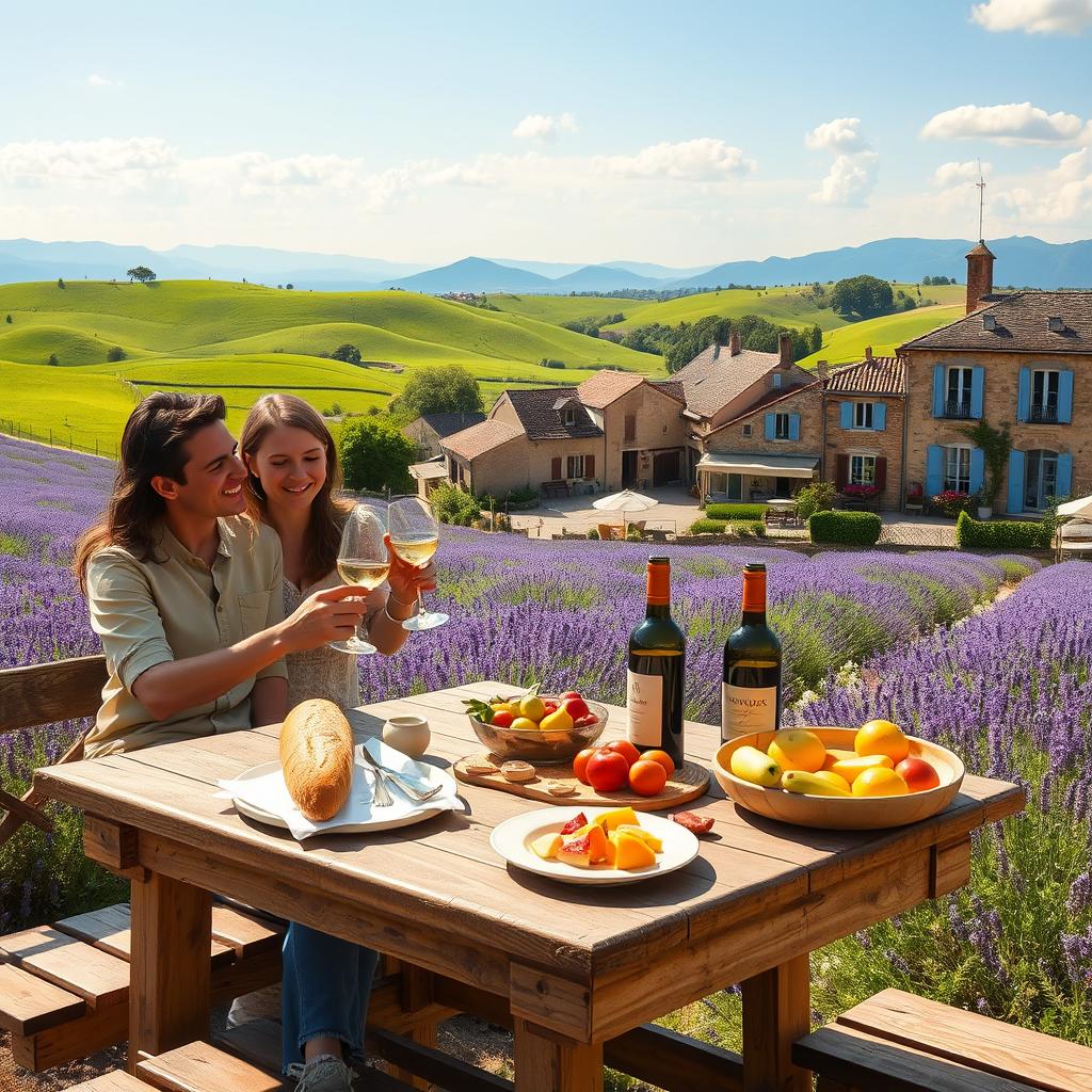 A picturesque scene of a vibrant French countryside, featuring rolling green hills and fields of lavender in full bloom. In the foreground, a charming rustic wooden table is set for a picnic, adorned with a classic baguette, fresh fruits, and a bottle of local wine. To the left, a couple dressed in modest casual clothing enjoys the feast, smiling and toasting with their glasses. In the middle ground, a quaint village with cobblestone streets and charming stone houses with colorful shutters can be seen, dotted with blooming flower boxes. The background reveals a clear blue sky with soft, fluffy clouds and distant mountains. The warm golden sunlight creates a welcoming, serene atmosphere, inviting the viewer to dream of leisurely escapes in France. The image captures a sense of adventure and romantic exploration.