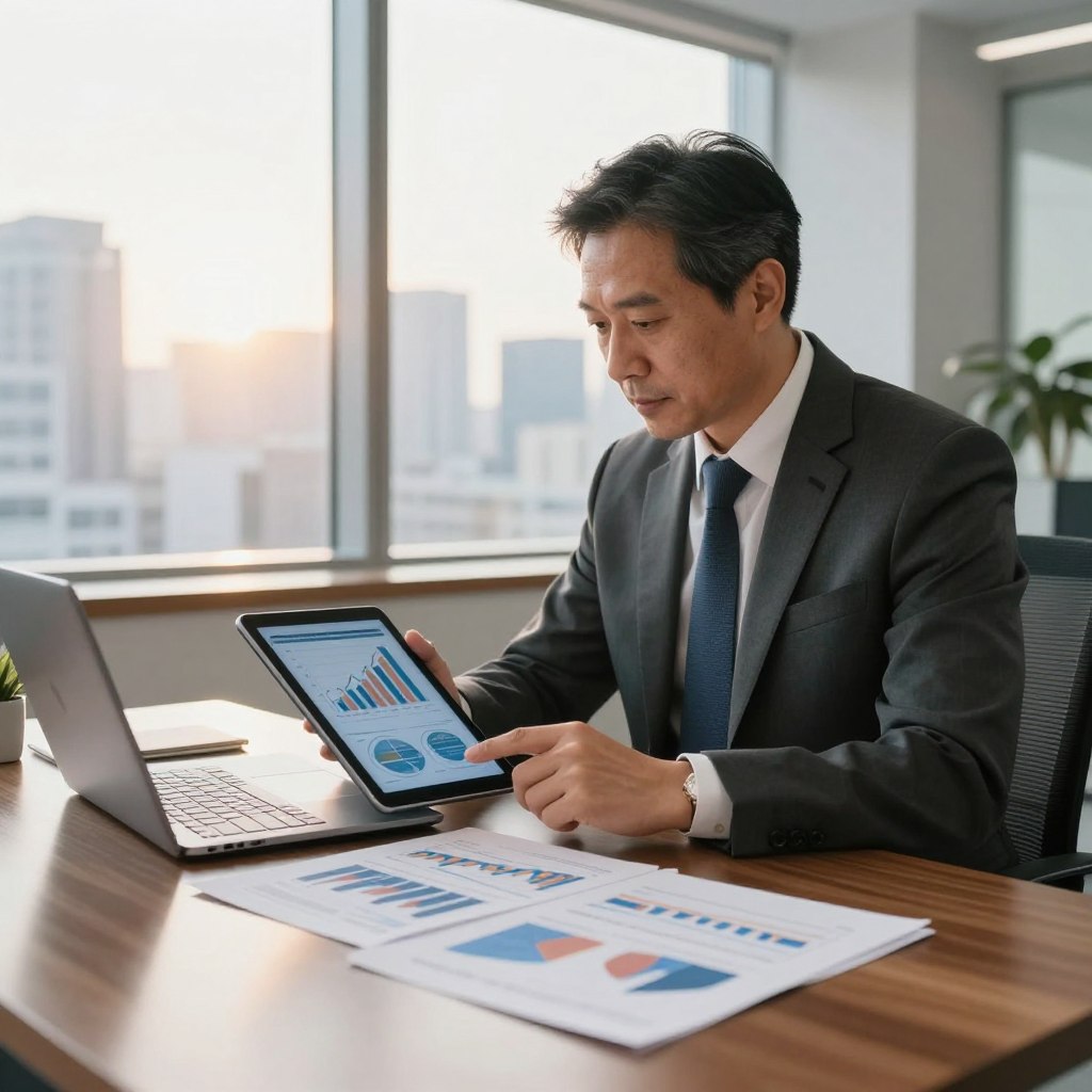 A professional advisor in a modern office, analyzing financial graphs and investment strategies on a digital tablet. The foreground features a polished wooden desk with charts and a laptop open, showcasing growth trends. The middle ground captures the advisor, a middle-aged individual in a sharp business suit, focused on screen, exuding confidence and expertise. In the background, a large window reveals a city skyline, bathed in soft afternoon sunlight, creating a warm yet professional atmosphere. The lighting is bright but soft, enhancing the details of the scene. The mood conveys determination and success, representing smart investment decisions and wealth growth. No text or annotations present in the image.