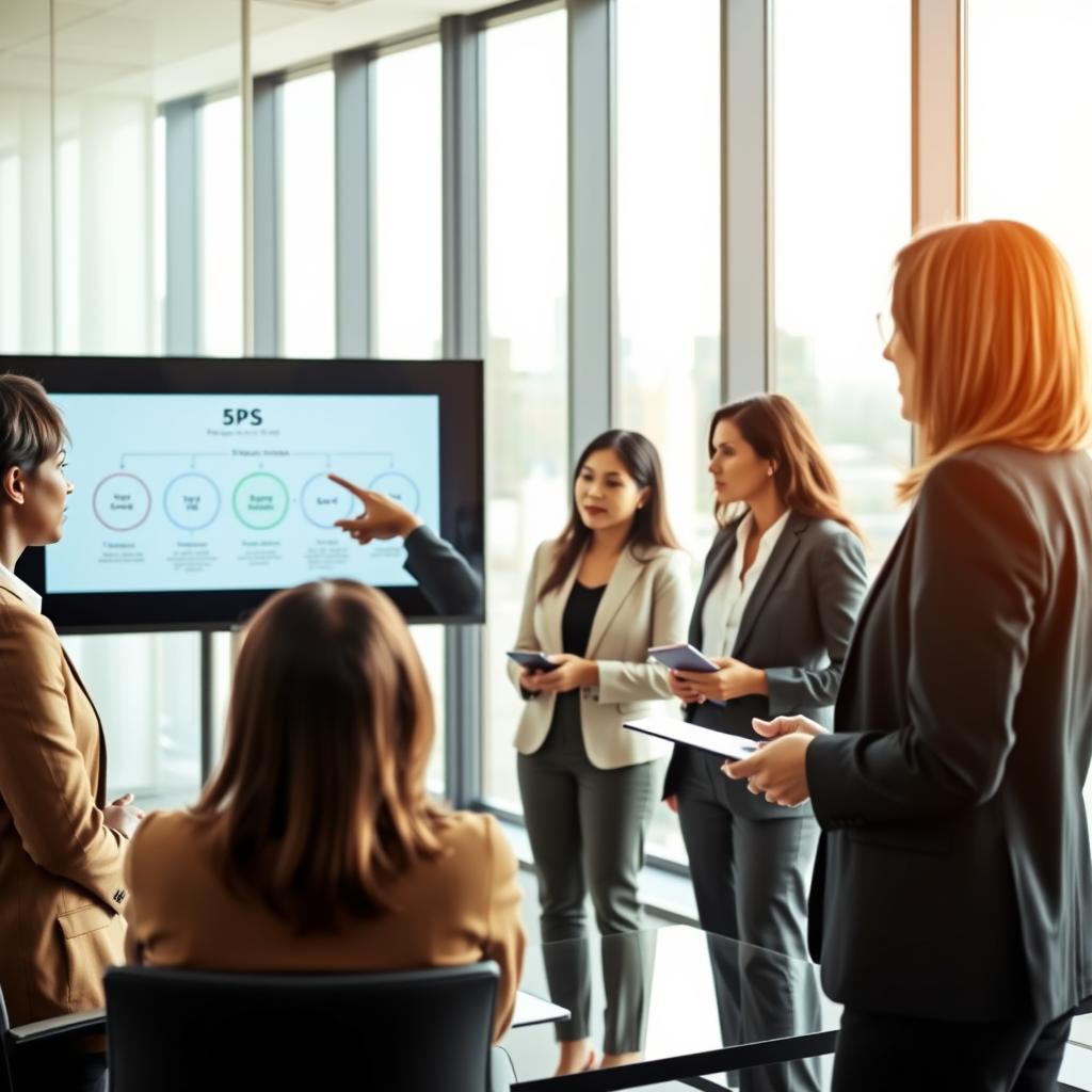 A professional business meeting scene set in a modern office environment, focusing on a diverse group of professionals discussing the "5P" concept of fouineteau. In the foreground, a confident, middle-aged Black woman in a tailored suit is leading the discussion, pointing to a digital presentation on a large screen displaying the 5P framework. In the middle ground, three colleagues—one Asian woman, a Hispanic man, and a Caucasian woman—all dressed in business casual attire, are engaged in conversation, taking notes and exchanging ideas. The background features a sleek office design with large windows letting in natural light, creating a bright and motivating atmosphere. The mood is collaborative and dynamic, emphasizing the challenges of applying the principles effectively, captured in a warm, inviting color palette.