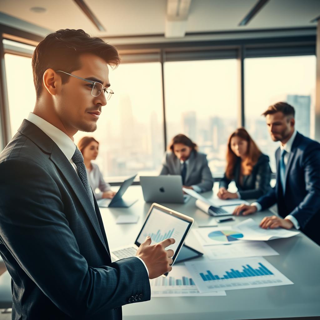A professional business setting, highlighting the concept of structured finance in a dynamic and engaging way. In the foreground, a confident businessperson in a tailored suit, deeply engaged in discussion with colleagues over financial documents and a laptop displaying graphs. In the middle, a sleek, modern conference table surrounded by diverse professionals, exhibiting expressions of focus and collaboration. The background features large windows with a city skyline view, bathed in soft, natural light that creates a bright atmosphere, suggesting optimism and forward-thinking. Use a wide-angle lens to capture the sense of teamwork and professionalism. The overall mood should convey a serious yet optimistic vibe, reflecting the complexities and opportunities within LBO financing. A professional business setting, highlighting the concept of structured finance in a dynamic and engaging way. In the foreground, a confident businessperson in a tailored suit, deeply engaged in discussion with colleagues over financial documents and a laptop displaying graphs. In the middle, a sleek, modern conference table surrounded by diverse professionals, exhibiting expressions of focus and collaboration. The background features large windows with a city skyline view, bathed in soft, natural light that creates a bright atmosphere, suggesting optimism and forward-thinking. Use a wide-angle lens to capture the sense of teamwork and professionalism. The overall mood should convey a serious yet optimistic vibe, reflecting the complexities and opportunities within LBO financing.