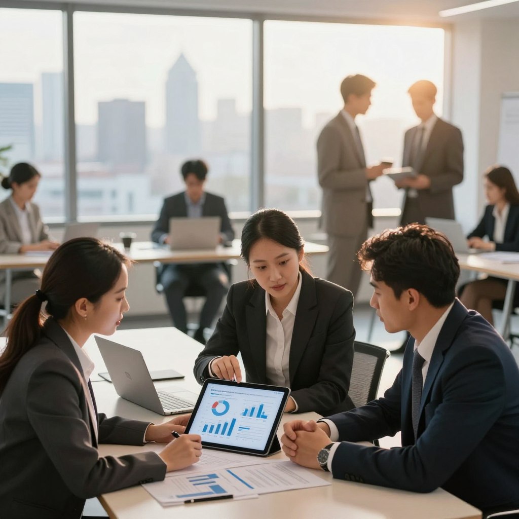 A professional business setting illustrating strategic partnerships. In the foreground, a diverse group of three business professionals, one female and two male, are engaging in a collaborative discussion over a digital tablet displaying graphs and charts, all dressed in smart business attire. The middle ground features a sleek conference table with laptops, documents, and a large window showing a city skyline. In the background, soft-focus silhouettes of other professionals engaged in meetings create an ambiance of activity and collaboration. The lighting is warm and inviting, suggesting a productive atmosphere, with natural light flooding the room. The overall mood conveys innovation, teamwork, and strategic growth, reflecting Altur Investissement's partnerships in investment opportunities.