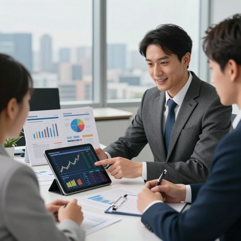 A professional financial advisor in a sleek, modern office surrounded by charts and graphs depicting various asset classes. In the foreground, a well-dressed advisor, wearing a tailored suit, is engaged in a discussion with a client, pointing to a digital tablet displaying investment opportunities. The middle layer features a desk adorned with informative brochures about stocks, bonds, real estate, and commodities, creating a sense of financial strategy. In the background, large windows reveal a city skyline, bathed in soft afternoon light, suggesting growth and opportunity. The mood is focused and optimistic, emphasizing professionalism and financial insight, captured with a slight depth of field to underscore the subjects and their interactions. A professional financial advisor in a sleek, modern office surrounded by charts and graphs depicting various asset classes. In the foreground, a well-dressed advisor, wearing a tailored suit, is engaged in a discussion with a client, pointing to a digital tablet displaying investment opportunities. The middle layer features a desk adorned with informative brochures about stocks, bonds, real estate, and commodities, creating a sense of financial strategy. In the background, large windows reveal a city skyline, bathed in soft afternoon light, suggesting growth and opportunity. The mood is focused and optimistic, emphasizing professionalism and financial insight, captured with a slight depth of field to underscore the subjects and their interactions.