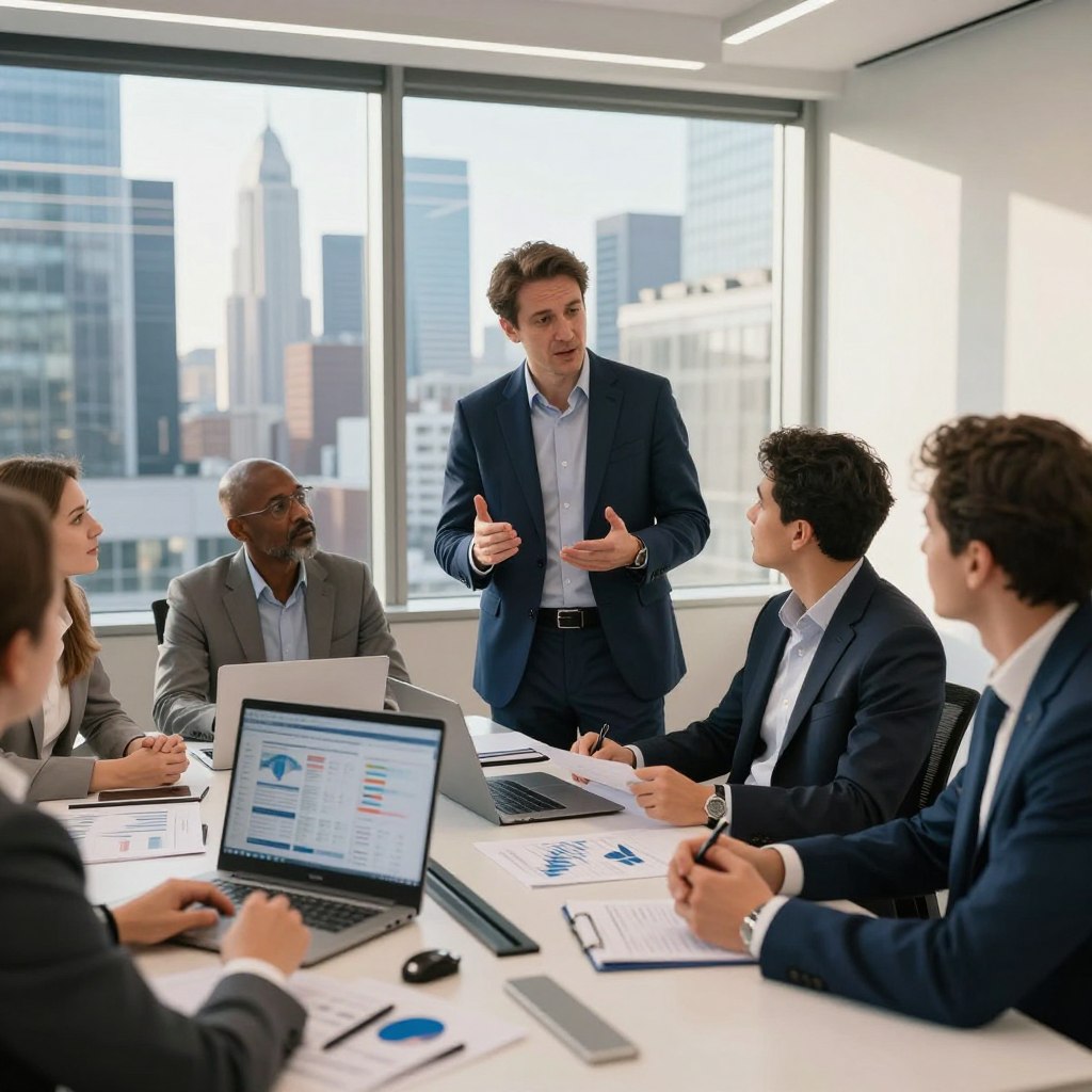 A professional investment team member from Carmignac, dressed in a tailored navy suit, confidently discusses financial strategies with colleagues in a modern office setting. Foreground details include a sleek conference table adorned with investment reports and digital devices. In the middle ground, diverse team members engage in discussion, showcasing focused expressions and gesturing with enthusiasm. The background features large windows with a view of a vibrant urban skyline, illuminated by afternoon sunlight casting warm, inviting rays across the room. The atmosphere is collaborative and dynamic, reflecting a strong sense of professionalism and innovative investment strategies. The lighting is bright and clear, with a slight emphasis on the subjects to enhance their importance in the frame, captured using a 35mm lens.