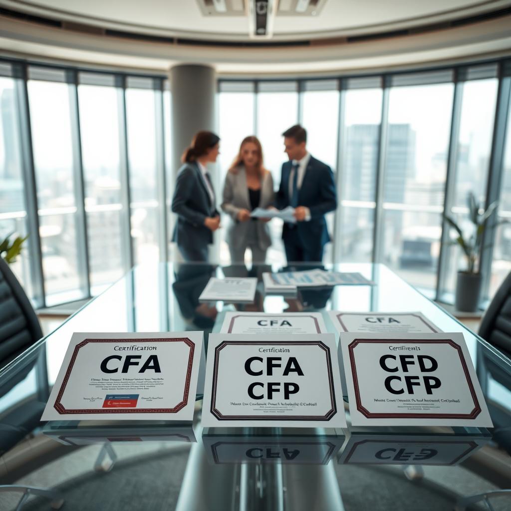 A professional office environment showcasing a large, clear glass table in the foreground with diverse financial certifications displayed prominently on it, including CFA, CPA, and CFP certificates. In the middle ground, a small group of three business professionals, dressed in formal attire, engaged in discussion about these certifications, with documents and financial charts spread out around them. The background features a sleek, modern office with large windows allowing natural sunlight to pour in, creating a bright and inviting atmosphere. The overall mood is one of professionalism and collaboration, emphasizing the importance of financial certifications in career advancement. Capture the scene from a slight angle to highlight the interaction among the professionals and the certifications displayed. A professional office environment showcasing a large, clear glass table in the foreground with diverse financial certifications displayed prominently on it, including CFA, CPA, and CFP certificates. In the middle ground, a small group of three business professionals, dressed in formal attire, engaged in discussion about these certifications, with documents and financial charts spread out around them. The background features a sleek, modern office with large windows allowing natural sunlight to pour in, creating a bright and inviting atmosphere. The overall mood is one of professionalism and collaboration, emphasizing the importance of financial certifications in career advancement. Capture the scene from a slight angle to highlight the interaction among the professionals and the certifications displayed.