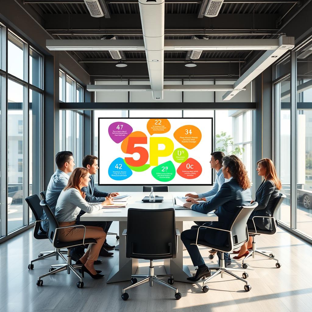 A professional office environment showcasing the integration of the five principles (5P) in a business setting. In the foreground, a diverse group of business professionals, dressed in smart business attire, are engaged in a collaborative discussion around a modern conference table, analyzing charts and documents. In the middle ground, a large screen displays vibrant visual representations of the 5Ps, emphasizing clarity and collaboration. The background features floor-to-ceiling windows with natural light streaming in, illuminating the space and creating a bright, optimistic atmosphere. The overall mood is dynamic and focused, conveying a sense of teamwork and innovation, captured with a wide-angle lens to enhance the depth of the scene.