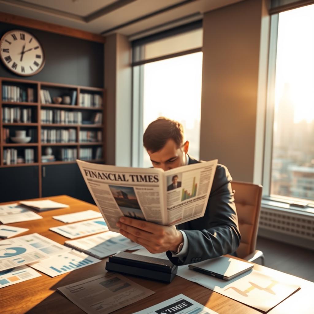 A professional office environment with a modern touch, featuring a sleek wooden desk filled with financial reports and graphs. In the foreground, a business professional in a sharp suit, deeply focused on reading a digital tablet displaying financial news from the Financial Times. The middle ground includes a large window overlooking a city skyline, bathed in warm afternoon sunlight, casting a soft glow throughout the room. In the background, bookshelves lined with finance literature and a stylish wall clock add sophistication. The atmosphere is serious yet optimistic, embodying the fast-paced world of finance, accentuated by natural lighting that enhances the clarity of the scene while keeping shadows subtle. A professional office environment with a modern touch, featuring a sleek wooden desk filled with financial reports and graphs. In the foreground, a business professional in a sharp suit, deeply focused on reading a digital tablet displaying financial news from the Financial Times. The middle ground includes a large window overlooking a city skyline, bathed in warm afternoon sunlight, casting a soft glow throughout the room. In the background, bookshelves lined with finance literature and a stylish wall clock add sophistication. The atmosphere is serious yet optimistic, embodying the fast-paced world of finance, accentuated by natural lighting that enhances the clarity of the scene while keeping shadows subtle.