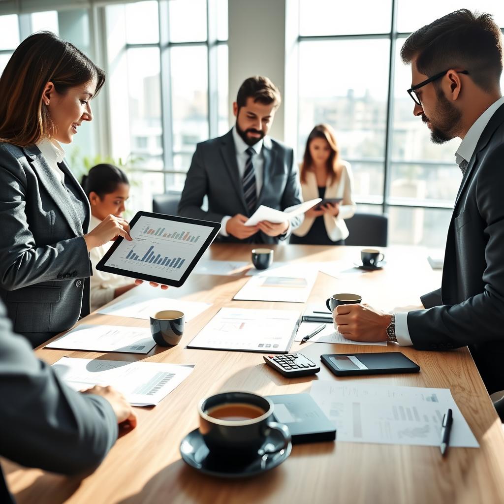 A professional office setting depicting a diverse group of business people collaborating on cash flow optimization strategies. In the foreground, a woman in a tailored suit is presenting financial graphs on a tablet, while a man in a formal attire takes notes on a notepad. The middle ground features a large meeting table with financial documents, calculators, and coffee cups, creating an engaging atmosphere. The background showcases a modern office with large windows allowing natural light to flood the space, casting soft shadows. The overall mood is focused and dynamic, emphasizing teamwork and strategic thinking. The image should be bright, with a clear depth of field to keep attention on the subjects and their intense discussion about financial management. A professional office setting depicting a diverse group of business people collaborating on cash flow optimization strategies. In the foreground, a woman in a tailored suit is presenting financial graphs on a tablet, while a man in a formal attire takes notes on a notepad. The middle ground features a large meeting table with financial documents, calculators, and coffee cups, creating an engaging atmosphere. The background showcases a modern office with large windows allowing natural light to flood the space, casting soft shadows. The overall mood is focused and dynamic, emphasizing teamwork and strategic thinking. The image should be bright, with a clear depth of field to keep attention on the subjects and their intense discussion about financial management.