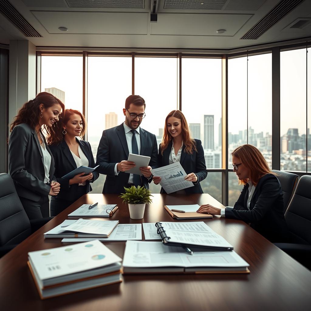A professional office setting depicting regulatory compliance. In the foreground, a diverse group of three business professionals—one man and two women—dressed in smart business attire, reviewing documents and examining compliance charts on a tablet. In the middle ground, a large conference table with regulatory books, compliance checklists, and a potted plant. The background features a large window showcasing a city skyline, with soft natural light filtering into the room, casting a warm glow. The atmosphere is one of focus and collaboration, emphasizing trust and diligence in financial regulation. The scene is shot with a moderate angle, creating a sense of depth and engaging perspective. A professional office setting depicting regulatory compliance. In the foreground, a diverse group of three business professionals—one man and two women—dressed in smart business attire, reviewing documents and examining compliance charts on a tablet. In the middle ground, a large conference table with regulatory books, compliance checklists, and a potted plant. The background features a large window showcasing a city skyline, with soft natural light filtering into the room, casting a warm glow. The atmosphere is one of focus and collaboration, emphasizing trust and diligence in financial regulation. The scene is shot with a moderate angle, creating a sense of depth and engaging perspective.