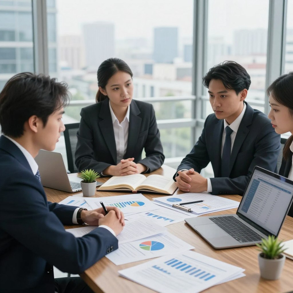 A professional office setting focusing on real estate investment, featuring a large wooden desk cluttered with financial documents, investment charts, and a laptop displaying relevant data. In the foreground, a diverse group of three business professionals—one woman and two men—are engaged in a serious discussion, dressed in smart business attire. In the middle, an open property law book lies beside a small potted plant, symbolizing the legal aspects of real estate investment. The background shows a panoramic window with a cityscape view, bathed in natural daylight. The atmosphere is serious yet collaborative, emphasizing strategic planning and expertise in property investment and legal considerations. The scene is captured with a shallow depth of field to create a focus on the professionals and their discussion. A professional office setting focusing on real estate investment, featuring a large wooden desk cluttered with financial documents, investment charts, and a laptop displaying relevant data. In the foreground, a diverse group of three business professionals—one woman and two men—are engaged in a serious discussion, dressed in smart business attire. In the middle, an open property law book lies beside a small potted plant, symbolizing the legal aspects of real estate investment. The background shows a panoramic window with a cityscape view, bathed in natural daylight. The atmosphere is serious yet collaborative, emphasizing strategic planning and expertise in property investment and legal considerations. The scene is captured with a shallow depth of field to create a focus on the professionals and their discussion.