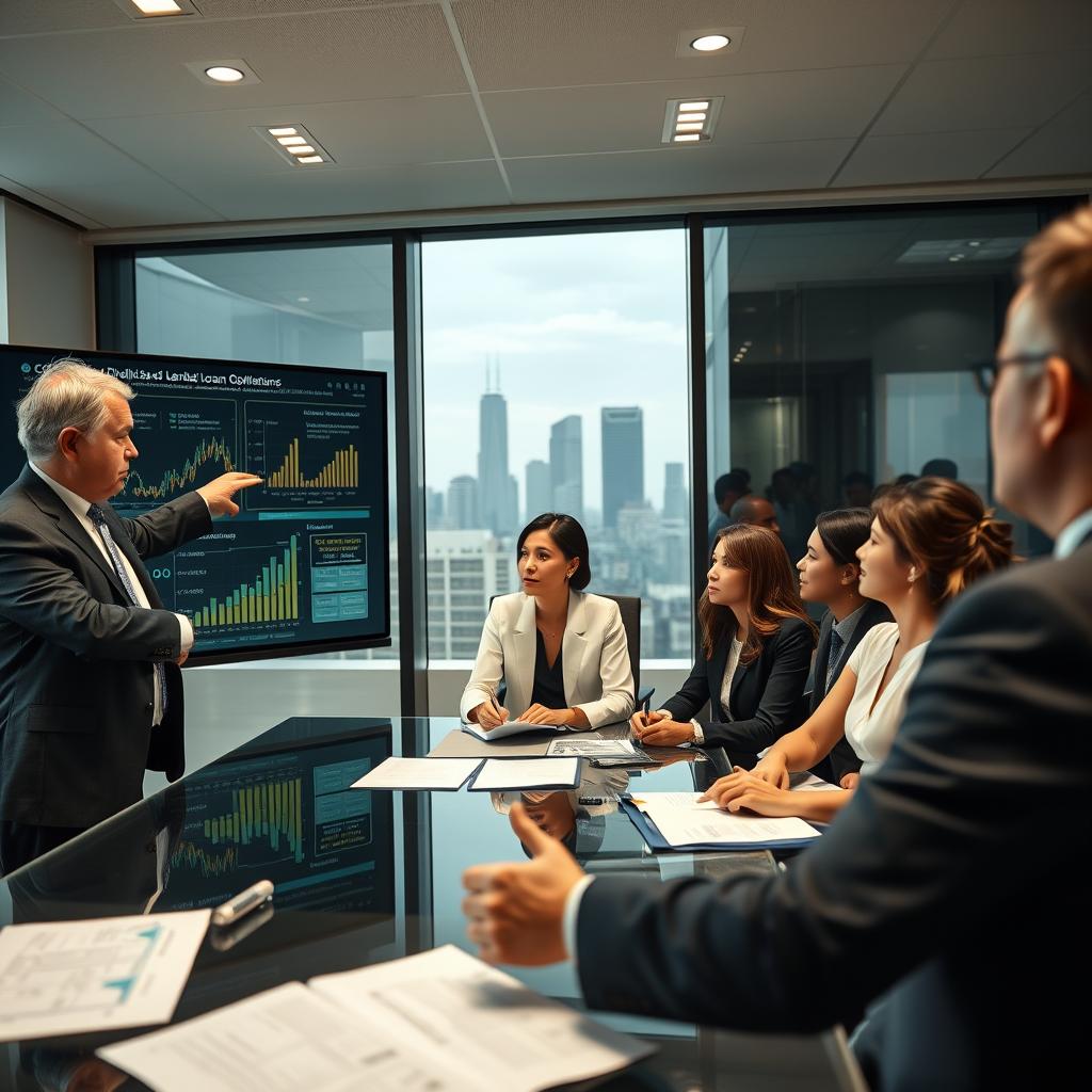 A professional office setting with a group of diverse business people engaged in a discussion about collateralized loan obligations (CLOs). In the foreground, a middle-aged man in a sharp suit points to complex financial charts on a digital screen, illustrating challenges such as market volatility and credit risks. In the middle, a young woman takes notes while seated at a modern conference table, surrounded by documents and graphs. The background features a large window with a city skyline view, reflecting an atmosphere of urgency and determination. Soft overhead lighting creates a serious ambiance, highlighting the importance of the topic. The image should be captured from an angle that emphasizes collaboration, illustrating the dynamics of professionals navigating the intricacies of CLOs.