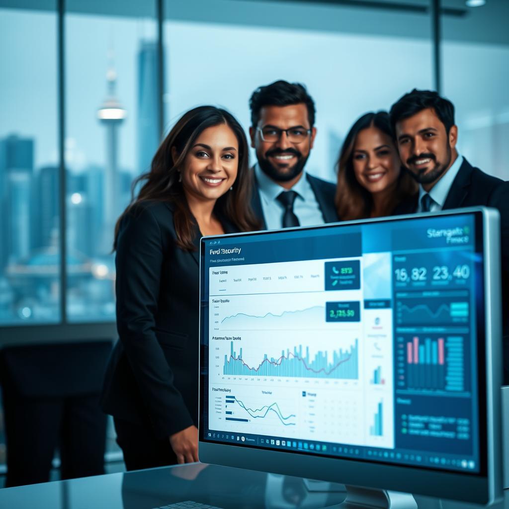 A professional, secure digital workspace representing "fund security on Stargate Finance." In the foreground, a sleek and modern computer screen displays a dashboard filled with graphs and metrics, portraying financial stability and security. In the middle, a confident, diverse group of professionals in business attire collaborates around the screen, their expressions focused and positive. In the background, a futuristic city skyline is subtly illuminated, suggesting innovation and trust in technology. Soft, cool lighting casts a professional ambiance, and a slight depth of field draws attention to the individuals and the screen. The overall mood is one of safety, professionalism, and forward-thinking in financial management. A professional, secure digital workspace representing "fund security on Stargate Finance." In the foreground, a sleek and modern computer screen displays a dashboard filled with graphs and metrics, portraying financial stability and security. In the middle, a confident, diverse group of professionals in business attire collaborates around the screen, their expressions focused and positive. In the background, a futuristic city skyline is subtly illuminated, suggesting innovation and trust in technology. Soft, cool lighting casts a professional ambiance, and a slight depth of field draws attention to the individuals and the screen. The overall mood is one of safety, professionalism, and forward-thinking in financial management.