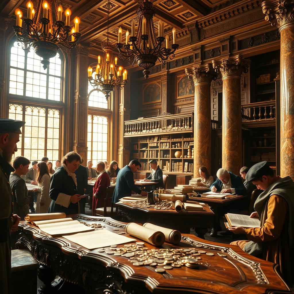 A richly detailed scene depicting a bustling 17th-century bank interior, showcasing intricate wooden architecture, ornate chandeliers casting warm light, and polished marble columns. In the foreground, several well-dressed individuals in period-appropriate attire engage in discussions at an elaborately carved oak table covered with parchment scrolls and coins. The middle ground features a group of bankers writing in ledger books surrounded by shelves filled with gold ingots and banking documents. In the background, large windows allow golden sunlight to filter through, illuminating the rich textures of the decor. The atmosphere is one of industriousness and wealth, capturing the significance of banking during the 1600s. Focused composition with a slight tilt to emphasize depth, simulating a cozy yet opulent environment.
