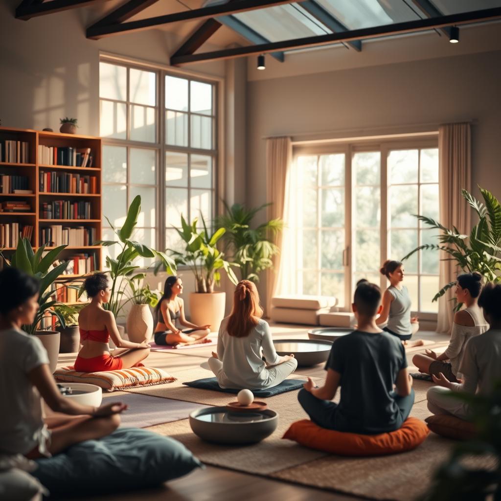 A serene indoor space designed for personal development and mental well-being. In the foreground, a diverse group of individuals of varying descent sits cross-legged on soft, colorful cushions, engaging in mindfulness and meditation practices. In the middle ground, gentle plants and a soothing water feature create a calming atmosphere. The background features large windows letting in natural light, casting soft shadows, with subtle rays illuminating a cozy bookshelf filled with self-help books. The overall ambiance radiates tranquility, focusing on serenity, connection, and personal growth. Use warm, inviting colors with a slight blur to give a dreamy, ethereal quality, evoking a sense of peace and mindfulness.