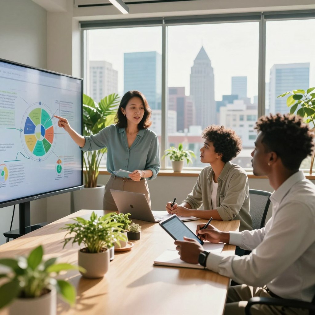 A serene office space featuring a diverse group of professionals engaged in a brainstorming session about responsible investment strategies. In the foreground, a middle-aged woman of Asian descent is pointing at a colorful chart on a transparent digital screen, while a young Black man, in smart casual attire, takes notes on a tablet. In the middle ground, a light-filled conference table with green plants and eco-friendly materials adds to the atmosphere. The background displays large windows with a view of a vibrant city skyline. Natural sunlight floods the room, creating a warm and optimistic mood, symbolizing the positive social and environmental impact of innovative investments. The color palette consists of soft greens and blues, enhancing the theme of sustainability.