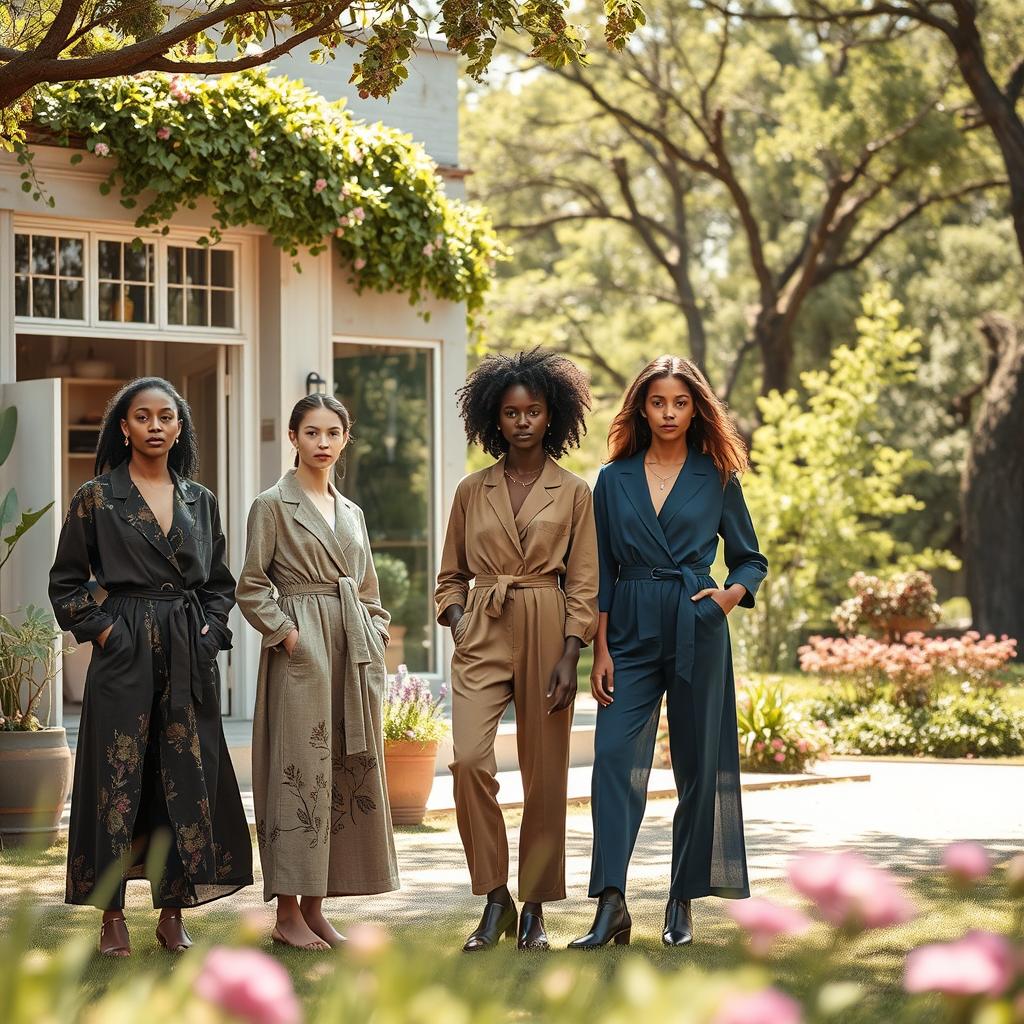 A serene outdoor scene showcasing ethical and sustainable fashion. In the foreground, a diverse group of three models dressed in elegantly tailored, eco-friendly clothing poses confidently. Each outfit features natural fabrics in earthy tones, adorned with organic patterns. In the middle ground, a beautifully designed boutique made of recycled materials is visible, with plants cascading from the windows. The background reveals a lush, sunlit park setting with trees and blooming flowers, creating a vibrant yet peaceful atmosphere. Soft, natural lighting bathes the scene, highlighting the textures of the fabrics and the serene expressions of the models. A shallow depth of field ensures focus on the fashion while subtly blending the surrounding environment, evoking a sense of harmony with nature.