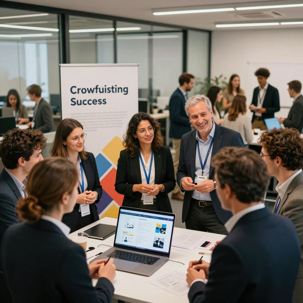 A vibrant, dynamic scene depicting a successful crowdfunding event in France. In the foreground, a diverse group of professionals in business attire enthusiastically discussing a project, with a digital presentation showcasing innovative ideas on a laptop. The middle ground features a large banner that says "Crowdfunding Success" in an elegant font, surrounded by people engaging in brainstorming sessions. In the background, a well-lit, modern office space with glass walls where additional teams collaborate. Soft lighting highlights the faces of participants, creating an optimistic and collaborative atmosphere. The angle is slightly elevated, capturing the energy and excitement of the event while maintaining a warm, inviting color palette. A vibrant, dynamic scene depicting a successful crowdfunding event in France. In the foreground, a diverse group of professionals in business attire enthusiastically discussing a project, with a digital presentation showcasing innovative ideas on a laptop. The middle ground features a large banner that says "Crowdfunding Success" in an elegant font, surrounded by people engaging in brainstorming sessions. In the background, a well-lit, modern office space with glass walls where additional teams collaborate. Soft lighting highlights the faces of participants, creating an optimistic and collaborative atmosphere. The angle is slightly elevated, capturing the energy and excitement of the event while maintaining a warm, inviting color palette.