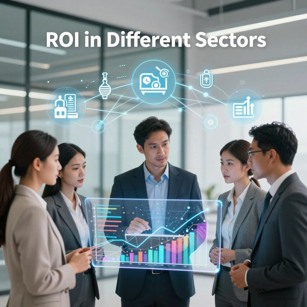 A visually striking composition illustrating "ROI in Different Sectors." In the foreground, a diverse group of three professionals, including a man in a smart suit and two women in business attire, are engaged in a dynamic discussion around a transparent touch screen displaying colorful graphs and charts symbolizing ROI metrics. In the middle ground, various industry icons—manufacturing, healthcare, technology, and finance—are subtly represented through abstract symbols and silhouettes, linked by a glowing network of lines. The background features a modern office environment with glass walls, soft diffused lighting that creates a bright, optimistic atmosphere. The perspective is slightly elevated, providing a comprehensive view of the subjects and the illustrated data. The mood is collaborative and forward-thinking, emphasizing the importance of ROI across different sectors.