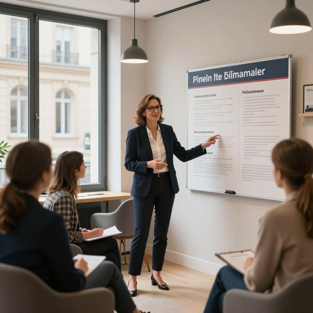 An elegant real estate agency office in Lyon, featuring a professional agent in business attire discussing investment opportunities with clients. The agent, a middle-aged woman with glasses, gestures towards a large display board showcasing various properties available for Pinel investment. The environment has sleek modern furniture and large windows allowing natural light to flood the space, revealing a view of the historic architecture in the background. Warm, inviting colors dominate the scene, with the soft glow of pendant lights creating a welcoming atmosphere. The image captures an engaged, friendly conversation, emphasizing professionalism and trust in the realm of real estate investments in Lyon.