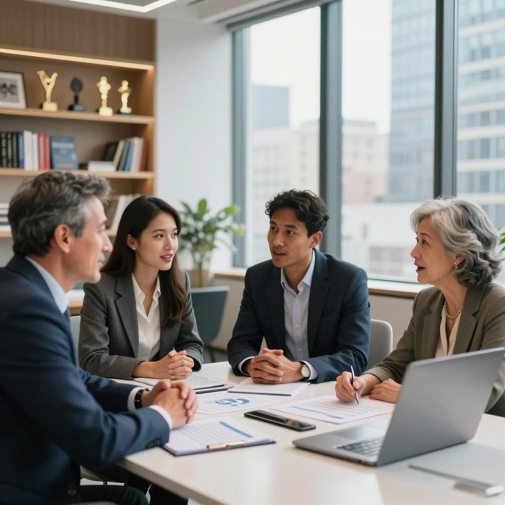 Create a scene that captures a group of diverse investors sharing their experiences in a modern, stylish office setting. In the foreground, depict three individuals: a middle-aged man in a sharp suit, a young woman in professional business attire, and an older woman in smart casual clothing, engaged in an animated discussion with expressions of enthusiasm and insight. In the middle ground, a large window reveals a bustling cityscape, allowing natural light to flood the space, highlighting a sleek conference table scattered with financial documents and a laptop. In the background, soft-focus shelves lined with investment books and awards add depth to the atmosphere. The overall mood should be collaborative and inspiring, emphasizing a sense of community and knowledge-sharing among investors.