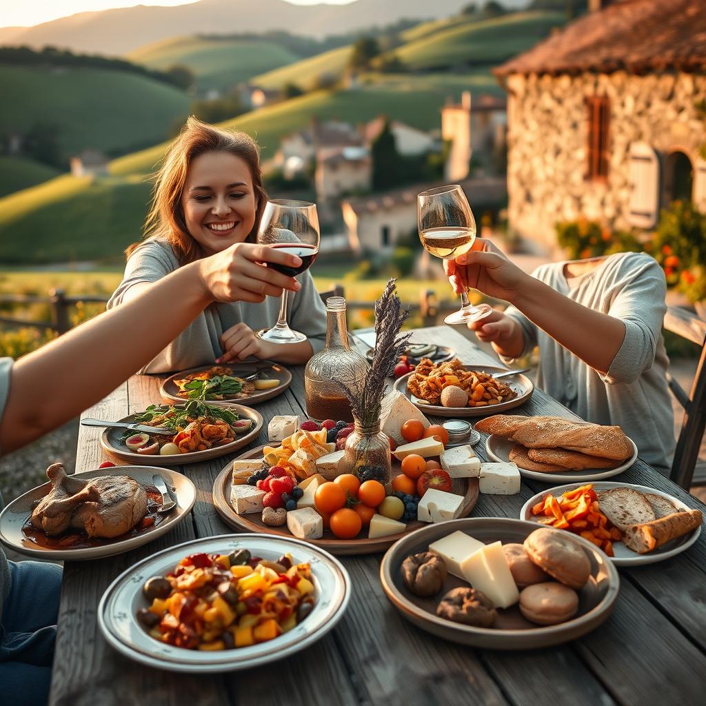 A beautiful French countryside setting, captured during golden hour, featuring a rustic wooden table adorned with an array of exquisite French dishes, including coq au vin, ratatouille, and fresh baguettes. In the foreground, a couple in modest casual clothing joyfully clinks their wine glasses, radiating warmth and camaraderie. In the middle, a vibrant spread of delicacies showcases colorful fruits and artisanal cheeses, with a small vase of lavender adding a touch of elegance. The background reveals rolling green hills and a quaint village with charming stone buildings. Soft, warm lighting envelops the scene, creating an inviting and serene atmosphere, perfectly embodying the essence of enjoying French cuisine. The angle captures the table from a slightly elevated perspective, inviting the viewer to join in this culinary adventure.