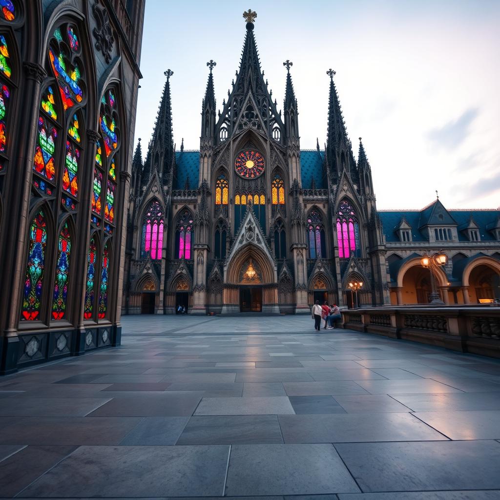 A breathtaking view of La Sainte-Chapelle, showcasing its stunning Gothic architecture. In the foreground, intricate stained glass windows shimmer in vibrant colors, casting colorful reflections on the polished stone floors. The middle section features tall, pointed arches and detailed carvings, emphasizing the exquisite craftsmanship of the structure. In the background, a tranquil sky transitions from twilight to evening, with soft, warm lighting illuminating the cathedral's facade. Capture the scene from a slightly low angle to accentuate the height and grandeur of the building, evoking a sense of awe and reverence. The atmosphere is serene, inviting viewers to step into a moment of architectural splendor.