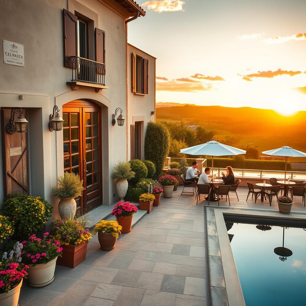 A charming boutique resort nestled in the picturesque countryside of France, featuring elegant architecture and lush gardens. In the foreground, a welcoming entrance with wooden double doors, surrounded by vibrant flower beds and lounge chairs. The middle ground showcases an inviting outdoor patio with stylish furniture, where guests are enjoying gourmet meals and drinks, dressed in casual yet refined clothing. In the background, rolling hills and a sunset sky bathe the scene in warm, golden light, while a tranquil pool reflects the beauty of the surroundings. Capture the serene atmosphere and upscale ambiance, with a wide-angle lens to emphasize the spaciousness and intimate charm of this resort.