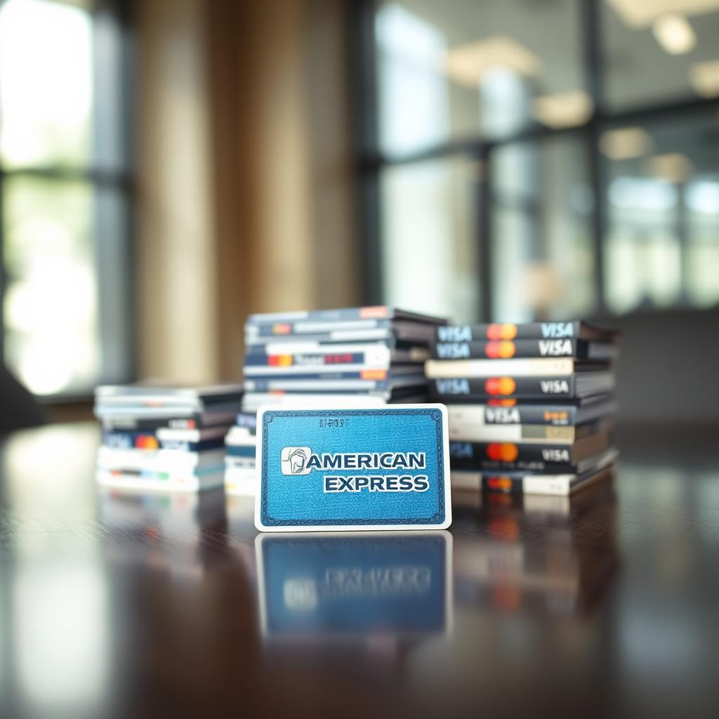 A close-up image of an American Express credit card prominently displayed in the foreground, featuring its distinct blue and silver design. The card should be placed on a sleek, dark wooden desk surface reflecting ambient light, emphasizing its premium feel. In the middle ground, blurred stacks of various other credit cards, such as Visa and Mastercard, create a subtle comparison and contrast, suggesting the section's theme of comparison. The background should include a soft-focus business office environment, with soft natural lighting pouring in from large windows, adding a sense of depth and professionalism. The overall mood should be polished and inviting, symbolizing financial empowerment and sophistication.