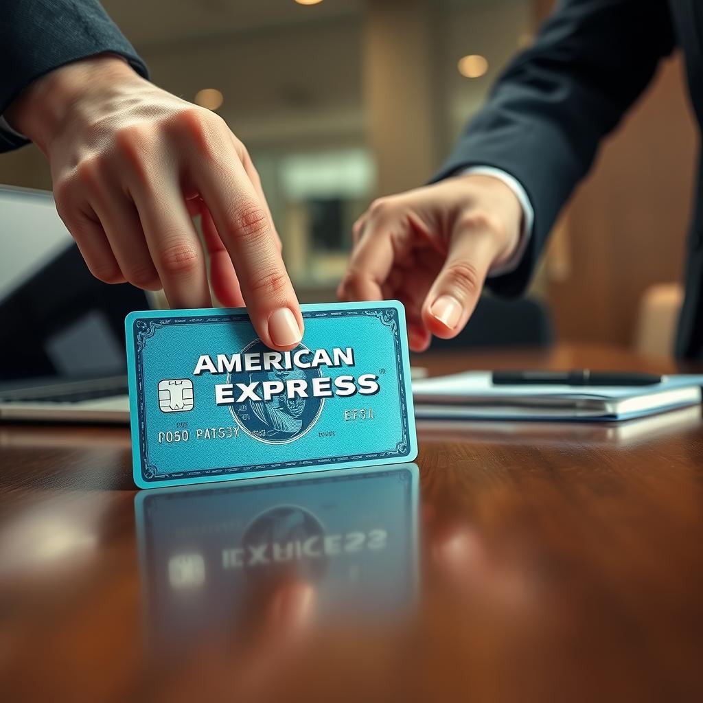 A close-up of a shiny American Express credit card, prominently featuring the iconic blue and green colors, set against a sleek, polished wooden desk. In the background, soft diffused lighting creates a warm and inviting atmosphere, reflecting a modern office space. Subtly blurred elements like a laptop and a stylish notebook are laid out, enhancing the professional context. A hand is gracefully reaching toward the card, wearing a sophisticated business suit, adding a human touch to the scene. The angle is slightly elevated, capturing the card at an enticing perspective. The overall mood is one of sophistication and financial empowerment, perfect for illustrating a financial topic.