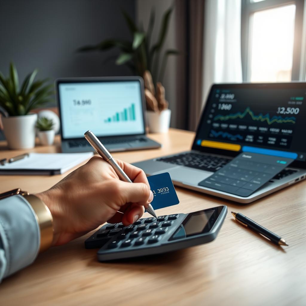 A close-up scene of a modern office desk featuring a neatly arranged credit card with a calculator, a notepad, and a pen, symbolizing the act of budgeting and repayment. The foreground is focused on the credit card and calculator, showcasing a hand (wearing a professional watch) writing notes. In the middle ground, a laptop screen displays a financial app with graphs and payment reminders. The background features a tidy office environment with potted plants and soft natural light streaming through a window, creating a calm and organized atmosphere. The overall mood is professional and focused, emphasizing financial management and responsibility.