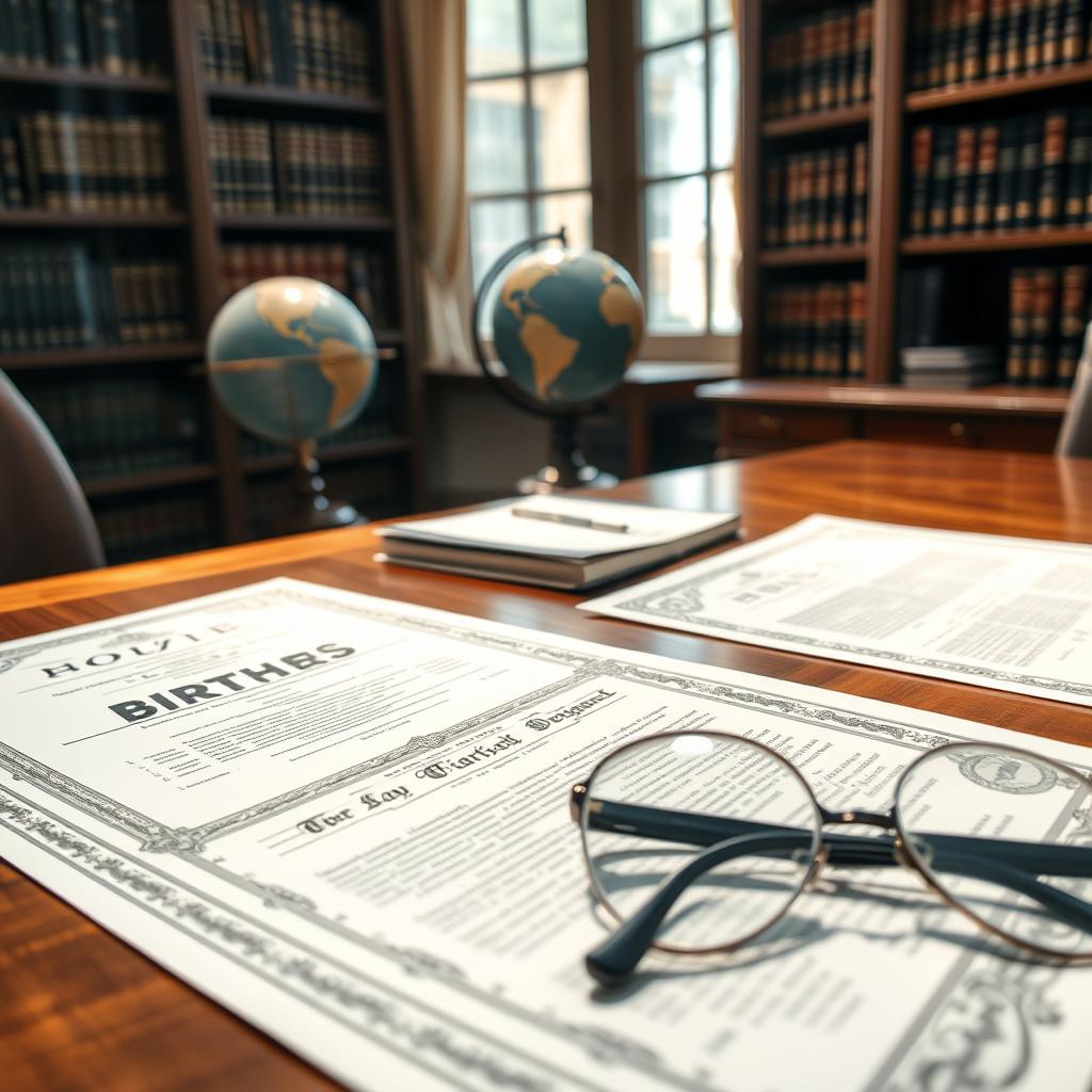 A close-up scene showcasing official birth documents spread out on a polished wooden desk. The documents are neatly arranged, revealing ornate borders and fine print, with one prominent certificate in focus displaying intricate details. In the background, a law office ambiance is created with bookshelves filled with legal books and a vintage globe. Natural soft daylight streams through a nearby window, casting gentle shadows across the documents. The atmosphere is professional and authoritative, emphasizing the importance of birth certificates in everyday life. A pair of sophisticated reading glasses lies beside the documents, hinting at careful review. Shot with a shallow depth of field to highlight the documents while softly blurring the background. A close-up scene showcasing official birth documents spread out on a polished wooden desk. The documents are neatly arranged, revealing ornate borders and fine print, with one prominent certificate in focus displaying intricate details. In the background, a law office ambiance is created with bookshelves filled with legal books and a vintage globe. Natural soft daylight streams through a nearby window, casting gentle shadows across the documents. The atmosphere is professional and authoritative, emphasizing the importance of birth certificates in everyday life. A pair of sophisticated reading glasses lies beside the documents, hinting at careful review. Shot with a shallow depth of field to highlight the documents while softly blurring the background.