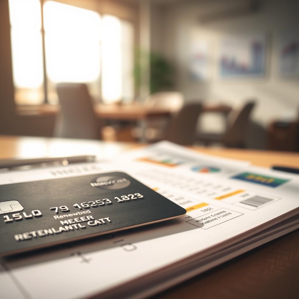 A close-up view of a credit card resting on a pile of documents, symbolizing hidden fees. In the foreground, the credit card displays subtle patterns indicating its renewable nature. The middle ground features various invoices and charts that hint at financial planning, some with highlighted areas representing hidden costs. The background shows a softly blurred office environment with warm lighting, creating a professional yet approachable atmosphere. Soft shadows stretch across the scene, adding depth. Emphasize clarity and detail, illustrating the complexity of financial choices. The lens should capture the scene from a slightly elevated angle, giving a sense of overview while maintaining focus on the credit card and documents.