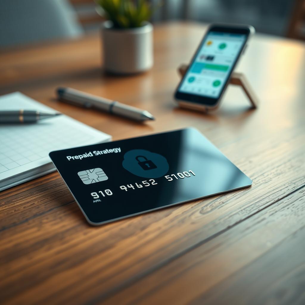A close-up view of a sleek, modern prepaid credit card lying on a wooden table, surrounded by financial strategy tools like a notepad, a pen, and a smartphone displaying budgeting apps. In the background, a gently blurring workspace with soft, warm lighting highlights a serene atmosphere, suggesting thoughtful financial management. The card should be glossy with a unique design element that reflects technology and security. The camera angle should be slightly above the card, creating depth in the scene. The overall mood is professional and focused, representing the smart and strategic use of a prepaid credit card for managing finances effectively. Ensure no text or branding is visible on the card.