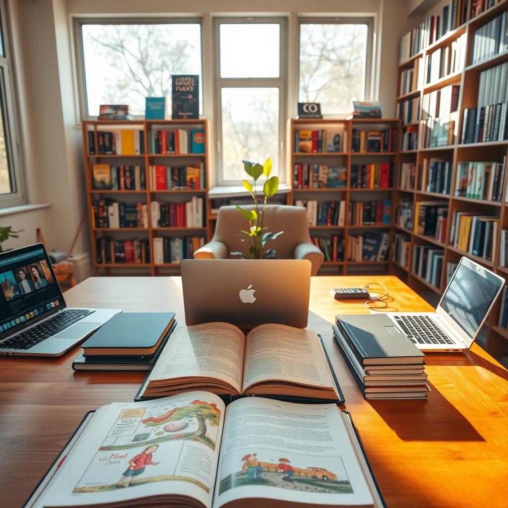 A cozy, modern office space filled with books on francophone literature. In the foreground, a sleek wooden desk displays an open book featuring vibrant illustrations, surrounded by a laptop and digital devices displaying social media feeds. In the middle, a comfortable chair invites creativity, with large windows allowing warm sunlight to filter in, casting soft shadows. The background features shelves filled with colorful novels from various francophone authors, creating a rich tapestry of culture. A small indoor plant adds a touch of greenery, enhancing the inviting atmosphere. The scene should convey a sense of inspiration and connectivity, highlighting the intersection of literature and social media in a warm, engaging setting. A cozy, modern office space filled with books on francophone literature. In the foreground, a sleek wooden desk displays an open book featuring vibrant illustrations, surrounded by a laptop and digital devices displaying social media feeds. In the middle, a comfortable chair invites creativity, with large windows allowing warm sunlight to filter in, casting soft shadows. The background features shelves filled with colorful novels from various francophone authors, creating a rich tapestry of culture. A small indoor plant adds a touch of greenery, enhancing the inviting atmosphere. The scene should convey a sense of inspiration and connectivity, highlighting the intersection of literature and social media in a warm, engaging setting.