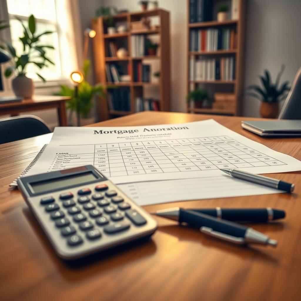 A detailed image of a mortgage amortization table laid out on a wooden desk. In the foreground, focus on a sleek calculator, a pen, and a filled-out personal financial worksheet. The middle ground features a large, neatly printed amortization schedule, highlighted with markers showing important payment milestones. In the background, a cozy office environment with a bookshelf filled with finance books and plants, softly lit by warm, natural light coming through a window, creating an inviting atmosphere. Capture this scene from a slightly elevated angle, giving an intimate yet professional feel to the workspace. The overall mood is focused, reflecting diligence and careful planning in financial decision-making.