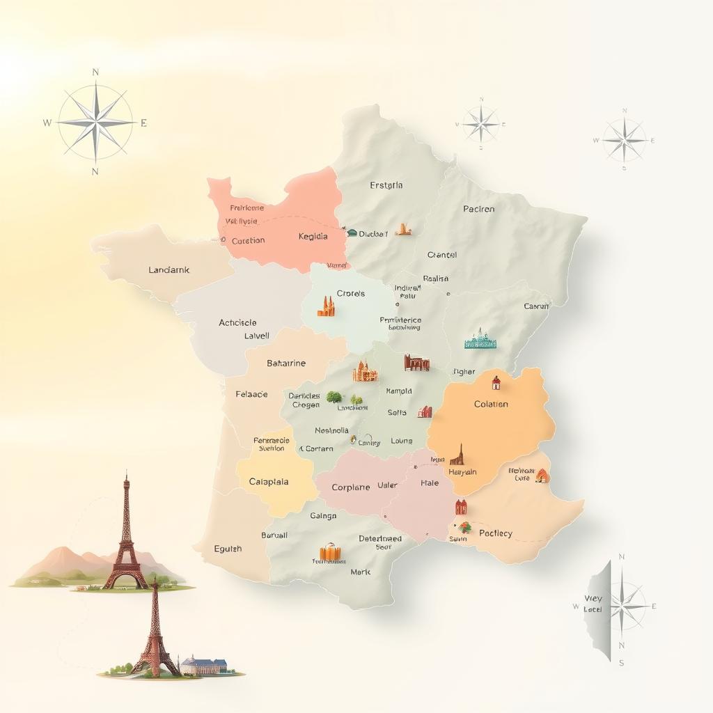 A detailed map of France, showcasing its regions and departments in a visually engaging layout. In the foreground, prominent landmarks such as the Eiffel Tower and Mont Saint-Michel are highlighted with soft shadows. The middle layer features the different regions, each colored distinctively, with subtle textures that suggest topography and urban areas. The background should exhibit a light gradient sky that transitions from warm hues at the horizon to cooler tones at the top, giving an inviting and vibrant atmosphere. Incorporate navigational elements like compass roses and dotted paths indicating routes, rendered in a semi-transparent style to blend seamlessly. Use soft, natural lighting to evoke clarity and professionalism in this educational illustration. A detailed map of France, showcasing its regions and departments in a visually engaging layout. In the foreground, prominent landmarks such as the Eiffel Tower and Mont Saint-Michel are highlighted with soft shadows. The middle layer features the different regions, each colored distinctively, with subtle textures that suggest topography and urban areas. The background should exhibit a light gradient sky that transitions from warm hues at the horizon to cooler tones at the top, giving an inviting and vibrant atmosphere. Incorporate navigational elements like compass roses and dotted paths indicating routes, rendered in a semi-transparent style to blend seamlessly. Use soft, natural lighting to evoke clarity and professionalism in this educational illustration.