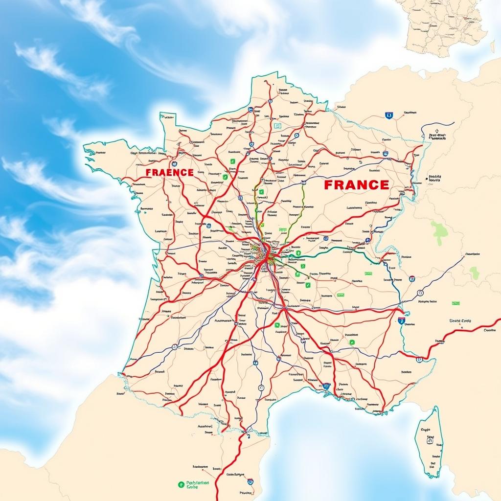 A detailed map of France showcasing its regions, departments, and major cities, emphasizing the road networks and transportation systems. In the foreground, highlight intricate roadways with vibrant colors, illustrating highways, scenic routes, and key transport hubs. The middle layer features a variety of cities marked with distinct icons, symbolizing important cultural and economic centers. In the background, depict a light blue sky with soft, wispy clouds, creating a serene atmosphere. Use a wide-angle perspective to capture the expansive layout of the map, ensuring clarity in the details of the transportation routes. The lighting should be bright and natural, reflecting a daytime scene, inviting the viewer to explore the intricacies of France’s transportation landscape. No text, captions, or watermarks present. A detailed map of France showcasing its regions, departments, and major cities, emphasizing the road networks and transportation systems. In the foreground, highlight intricate roadways with vibrant colors, illustrating highways, scenic routes, and key transport hubs. The middle layer features a variety of cities marked with distinct icons, symbolizing important cultural and economic centers. In the background, depict a light blue sky with soft, wispy clouds, creating a serene atmosphere. Use a wide-angle perspective to capture the expansive layout of the map, ensuring clarity in the details of the transportation routes. The lighting should be bright and natural, reflecting a daytime scene, inviting the viewer to explore the intricacies of France’s transportation landscape. No text, captions, or watermarks present.