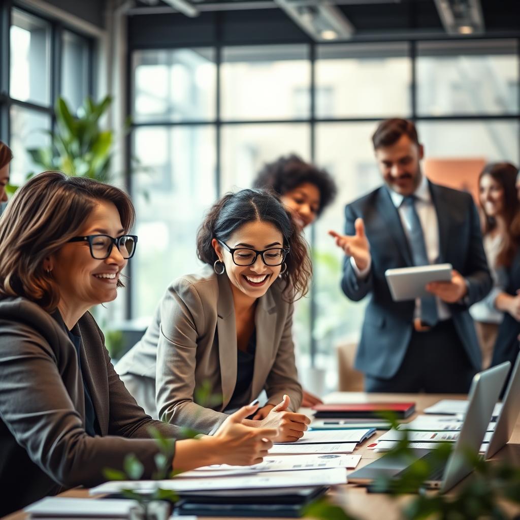 A diverse group of professionally dressed individuals gathered in a modern office environment, showcasing expressions of satisfaction and contentment. In the foreground, a middle-aged woman with glasses, smiling confidently, leans over a table filled with documents and laptops, engaging with a younger colleague who gestures enthusiastically. In the middle ground, a man in a suit nods approvingly while looking at a digital tablet, demonstrating engagement. In the background, large windows allow natural light to flood the room, creating a warm and inviting atmosphere. Soft-focus elements of greenery enhance the comfort of the space. The overall mood is positive, reflecting success and reassurance in client relationships, emphasizing the theme of satisfaction.