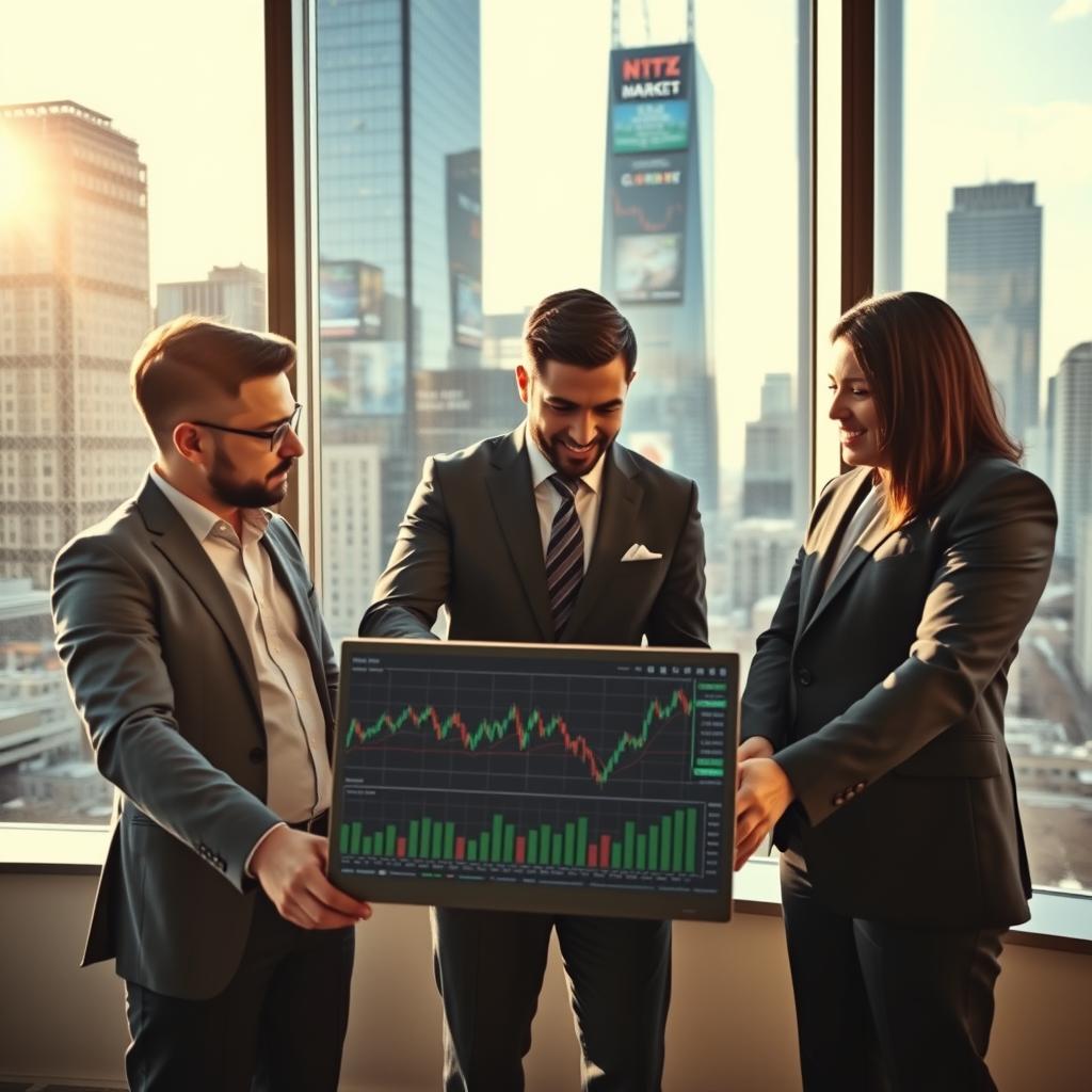 A dynamic and engaging scene depicting investment strategies in the United States. In the foreground, a diverse group of three professionals—two men and one woman—dressed in smart business attire, are discussing market trends over a laptop displaying stock charts and graphs. The middle ground features a modern office environment with a large glass window showing a bustling city skyline, symbolizing economic activity and growth. The background includes tall skyscrapers and digital billboards showcasing financial news. Soft, natural lighting flows through the window, creating a bright and optimistic atmosphere. The angle is slightly elevated, capturing both the professionals and the lively cityscape, evoking a sense of hope and ambition in the world of investments.